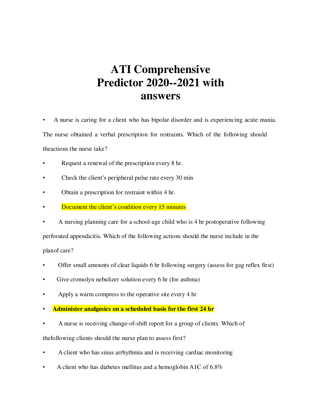 Preview image for ATI Comprehensive Predictor 2020--2021 with answers